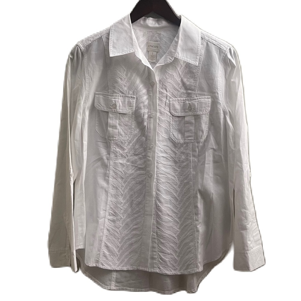 Chicos- Crisp White Button Down Long Sleeve Blouse with a Western Flare - Medium